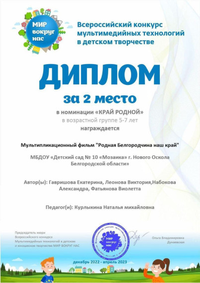 Новооскольский детский сад "Мозаика" стал призёром IV Всероссийского конкурса мультимедийных технологий в детском и юношеском творчестве 2023 года.